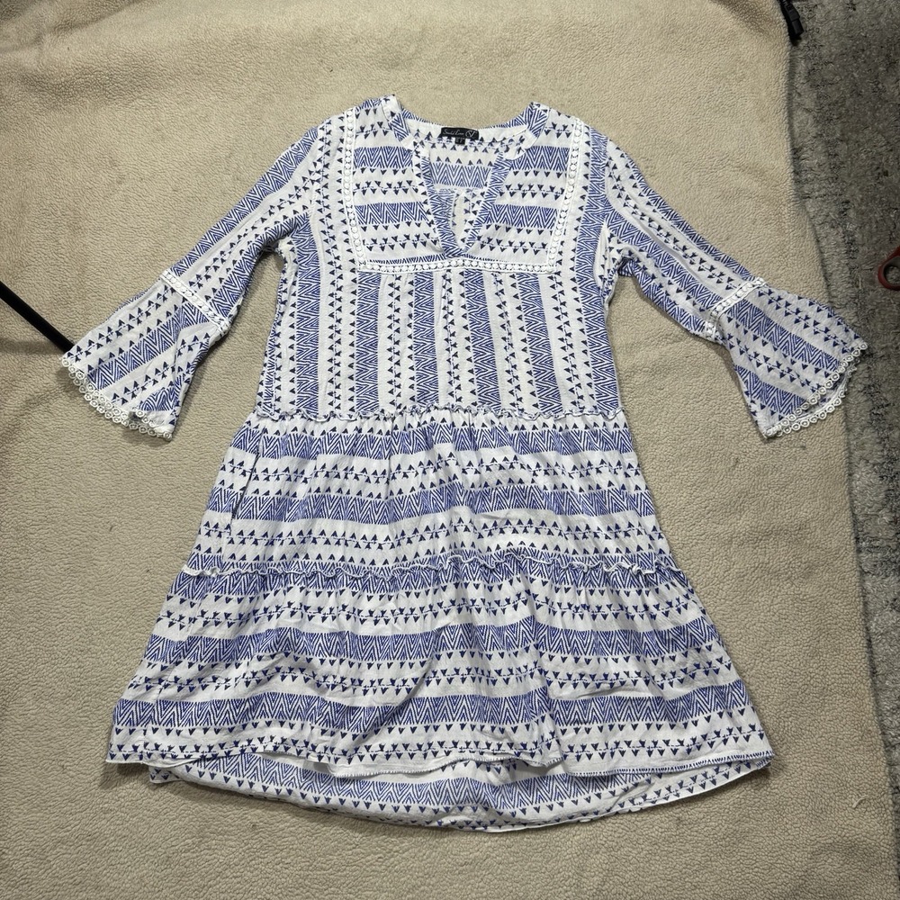 Smashed Lemon Dress Womens 8 Blue White A-Line Bell 3/4 Sleeve V-Neck Boho Knee